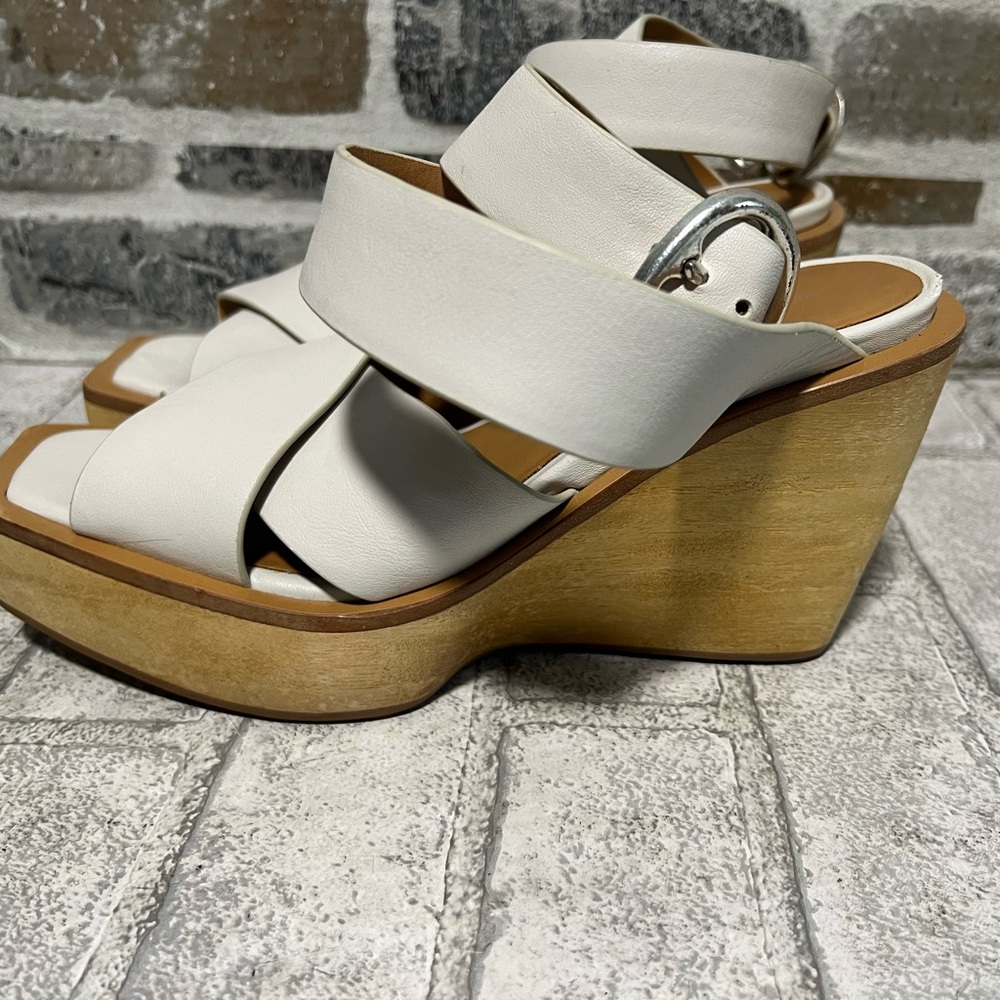 rag & bone Santiago Wedge Clog Antique White Leather Wood Platform Size 8/38.5